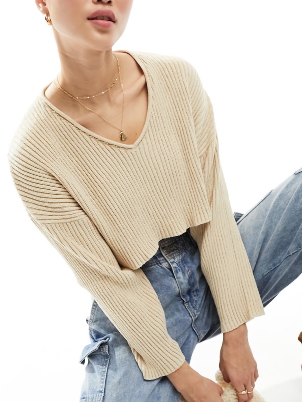 Pull & Bear V-Neck Ribbed Cropped Oversized Sweater - Sz S